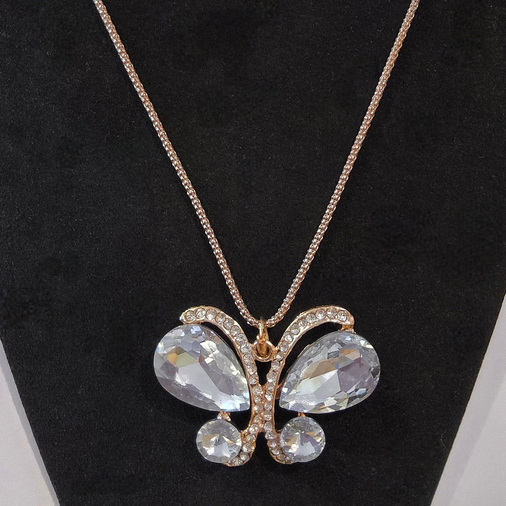 Vintage Crystal Butterfly Pendant Necklace Palest Blue Rhinestone Bridal